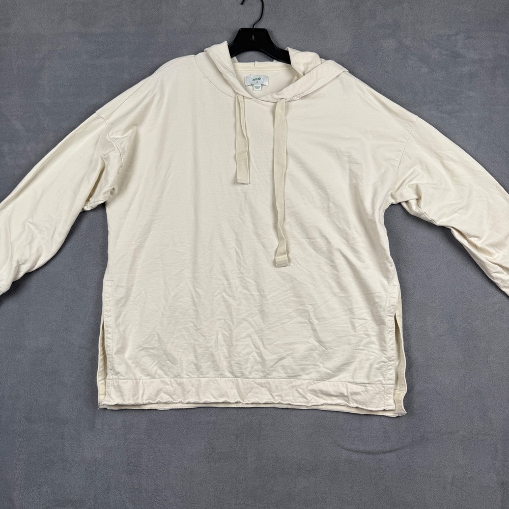 Aerie Womens Large Cream Cotton Oversized Hoodie Side Slit French Terry Pullover